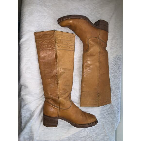 Vtg 60s 70s Frye Campus Boots Womens 6 Banana Tan Square Toe Black Label - Picture 1 of 10